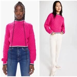 Mother Hot Pink Navy The Mock Neck Alpaca Blend Cable Knit Crop Sweater Small